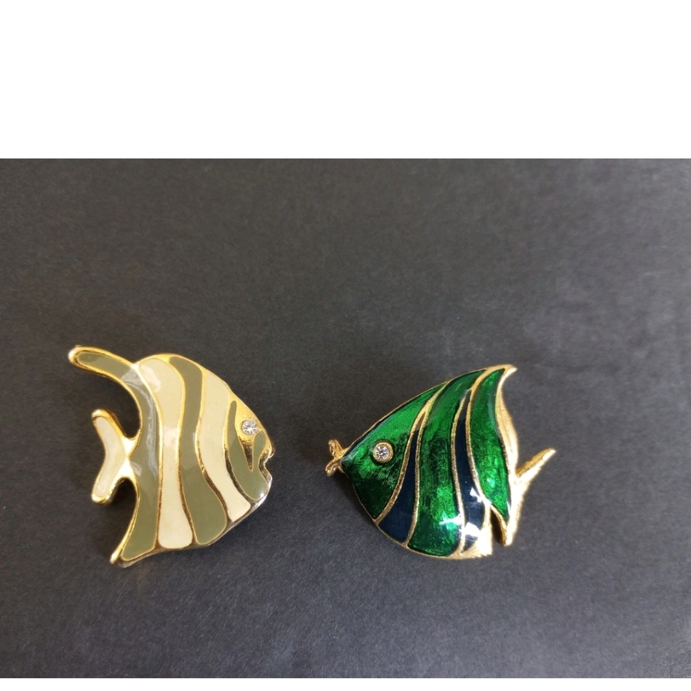 Vintage Fish Enamel Gold Tone Rhinestone Eyes Brooch/Pin Set Of 2